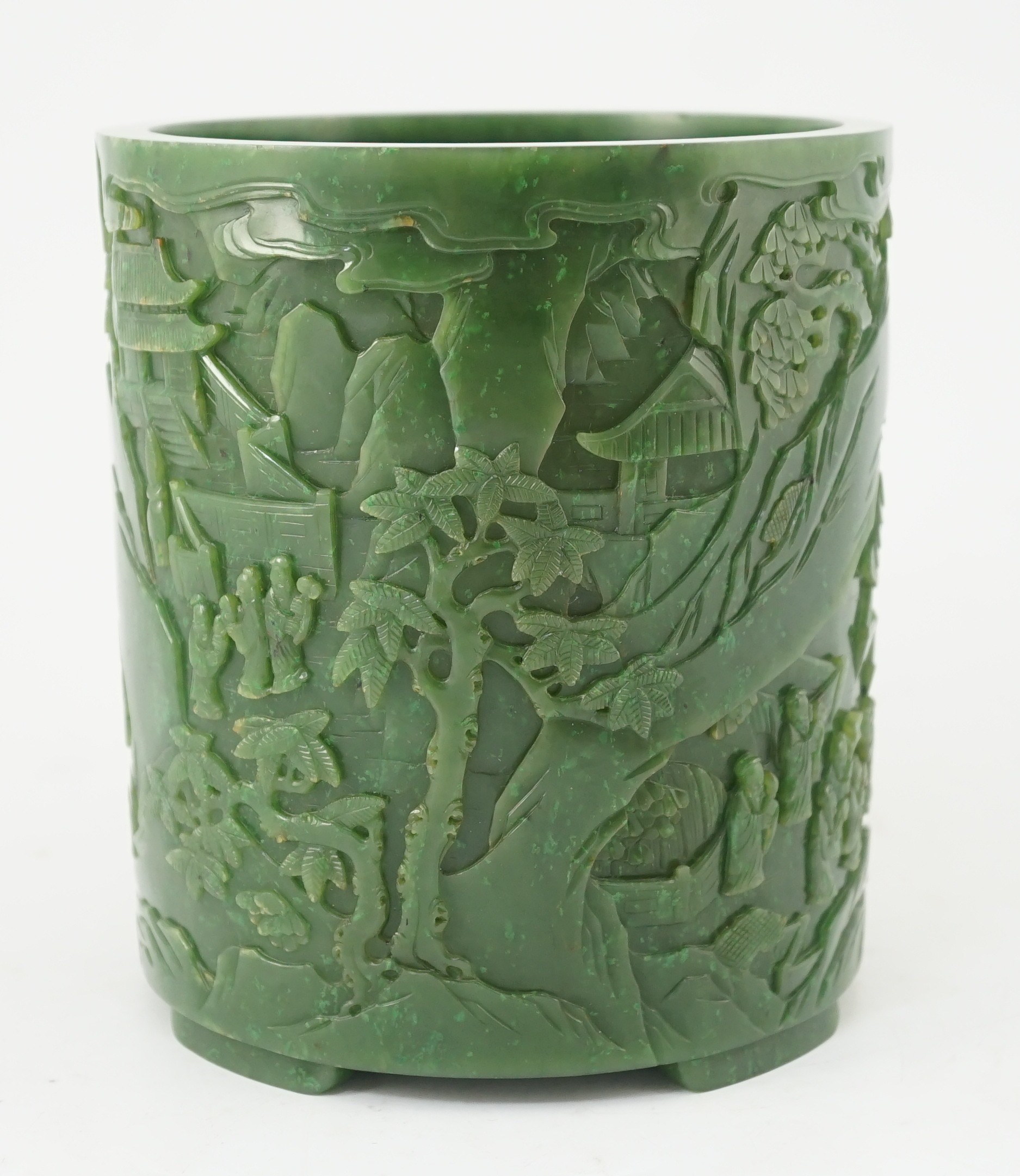 A large Chinese spinach green jade brushpot, bitong, 16.8cm high, 14.9cm diameter